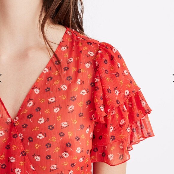 Madewell Red Tiered Sleeve Peplum Top Metallic Prairie Posies Ruffle 00 - Picture 3 of 10